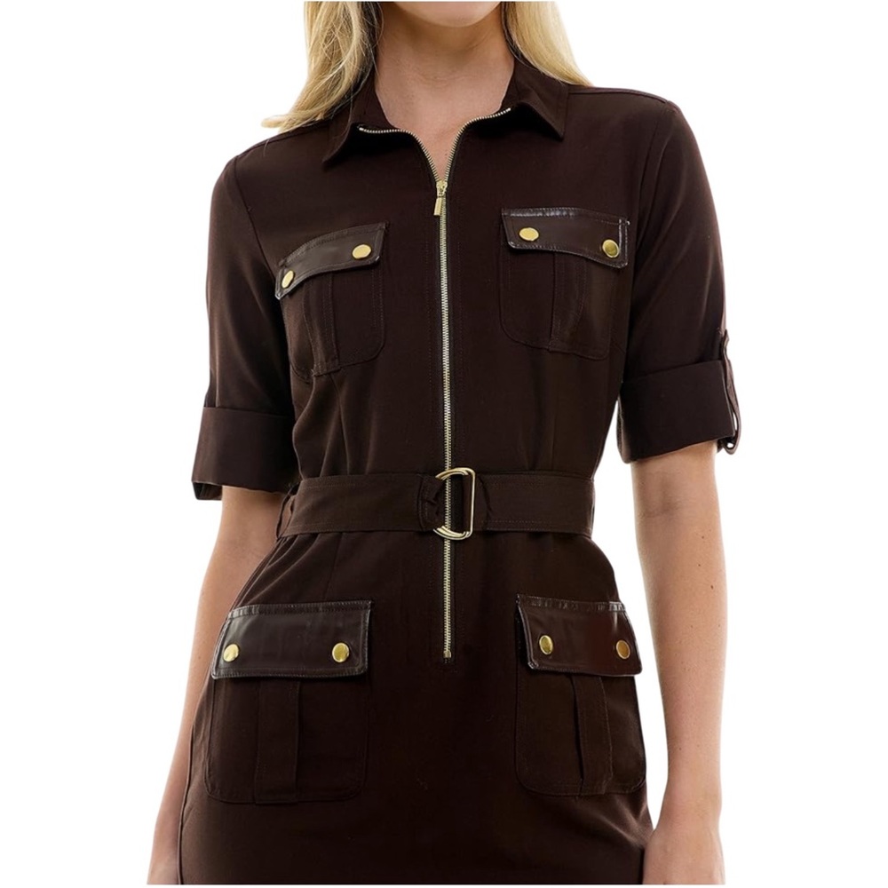 New! SHARAGANO Casual Short Sleeve Espresso Front Zip Dress  Size 14 - Picture 10 of 16